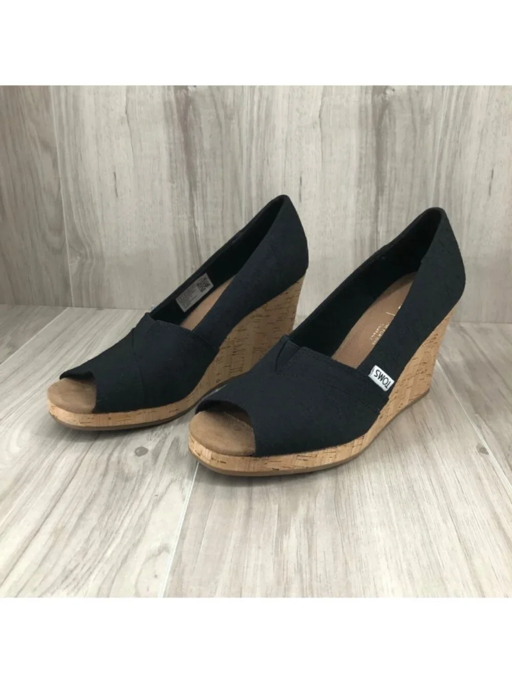 Toms Wedges Womens 8 Black Slip On Peep Toe Cork Wedge Shoes